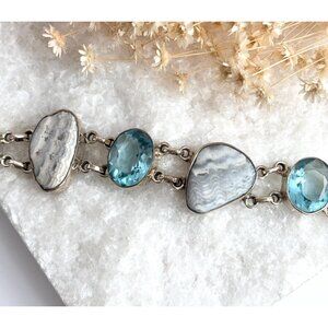 Blue Gemstone & Jasper Chainlink Silver Toned Chunky Vintage Tennis Bracelet